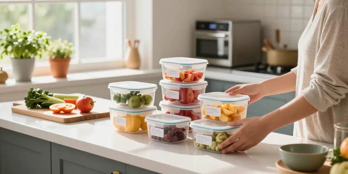 Beautifully organized food storage containers with lids filled with fresh fruits and leftovers in a bright kitchen.