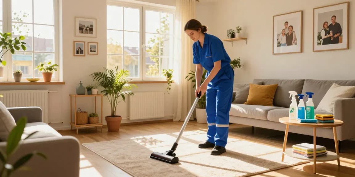 Professional cleaning process for wohnungsendreinigung bern in a bright living room.