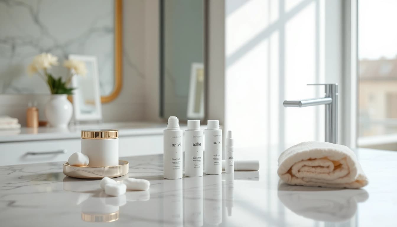 Anal bleaching kit beautifully arranged in a serene bathroom setting.