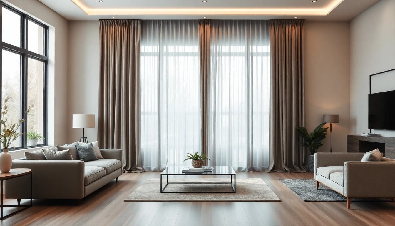 Verduisterende gordijnstof zorgt voor een elegante uitstraling in de woonkamer.