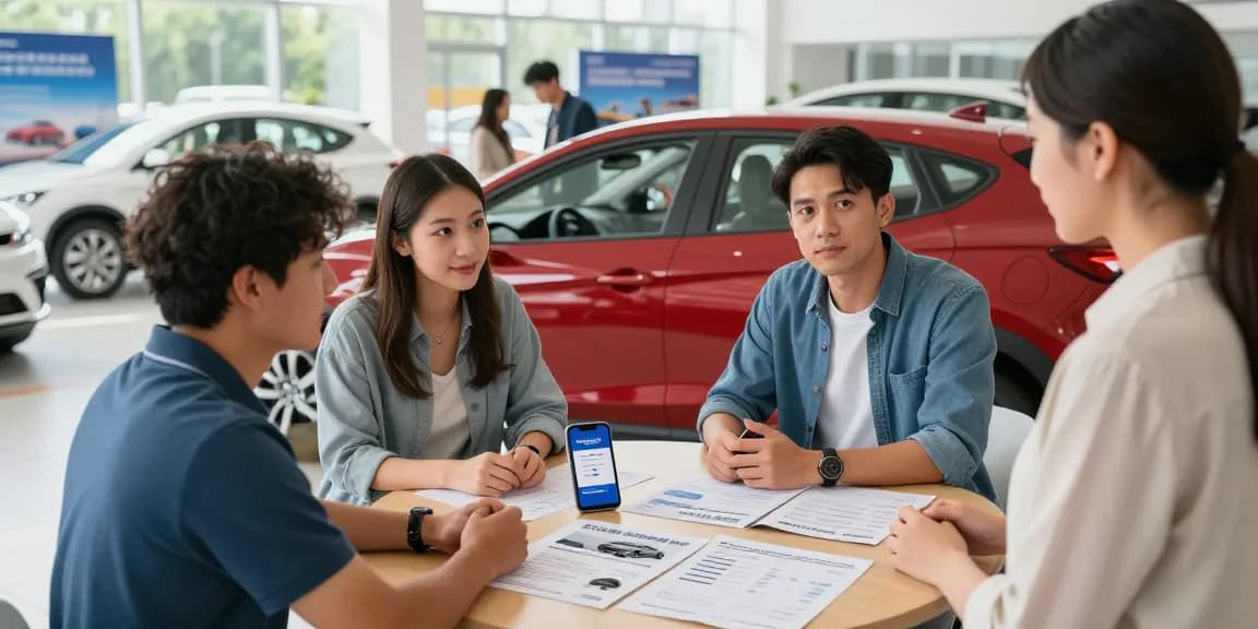 Group discussing the best car history check UK at a car dealership, using Carpeep app for informed decisions.