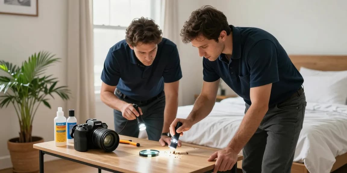 Focused bed bug exterminator team inspecting home for bed bugs in Milwaukee, showing equipment and a clean bedroom.