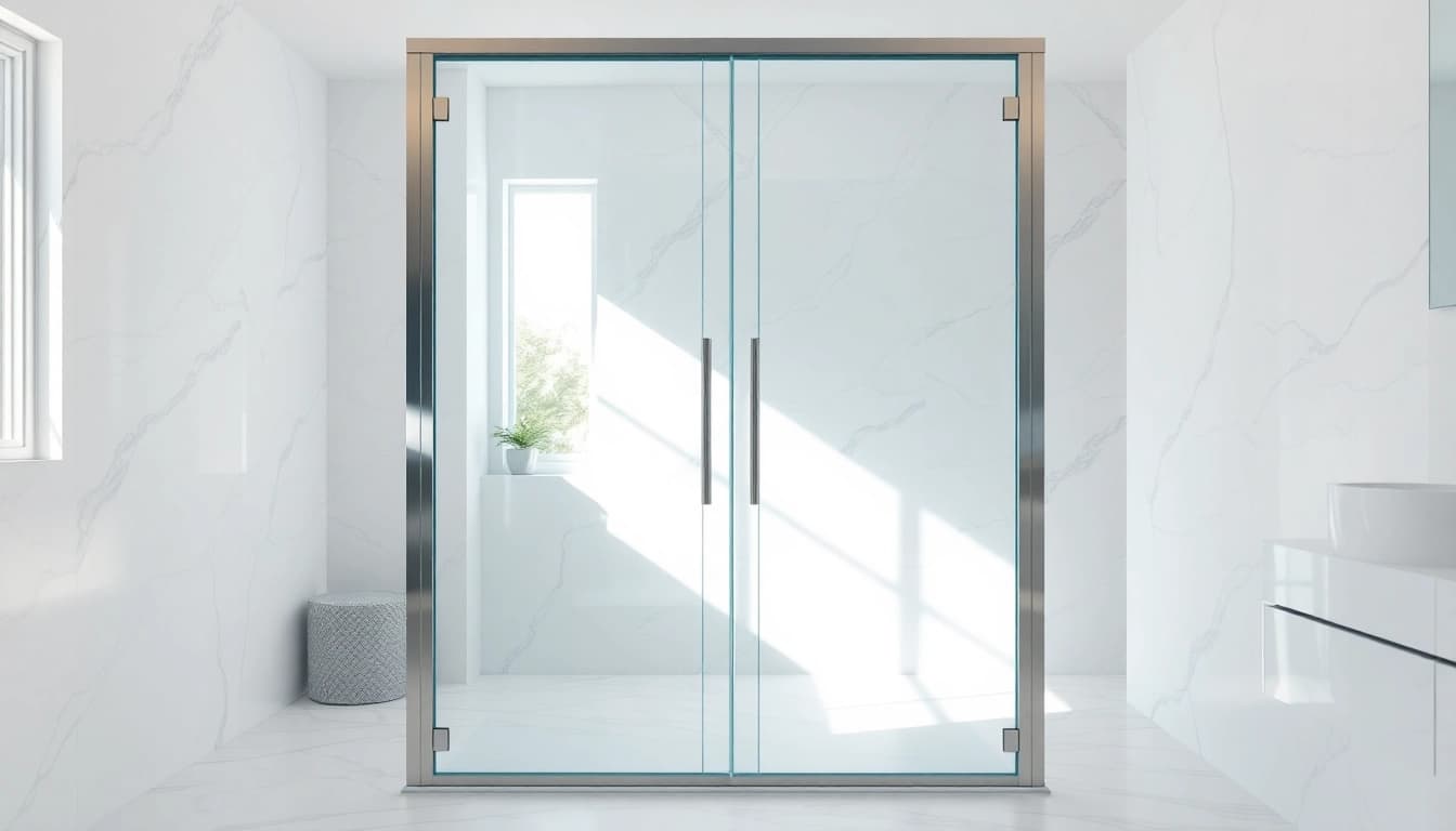 Close-up view of shower doors sliding showcasing elegance and modern design in a luxurious bathroom.