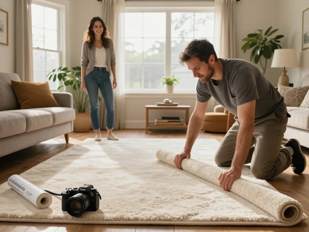 Experience quality home carpet fitting services in a cozy living room with a professional installer.