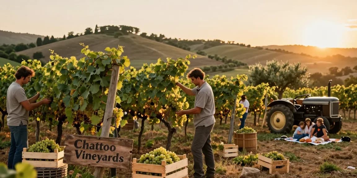 Chattoo Vineyard workers harvesting grapes in an elegant sunset landscape.