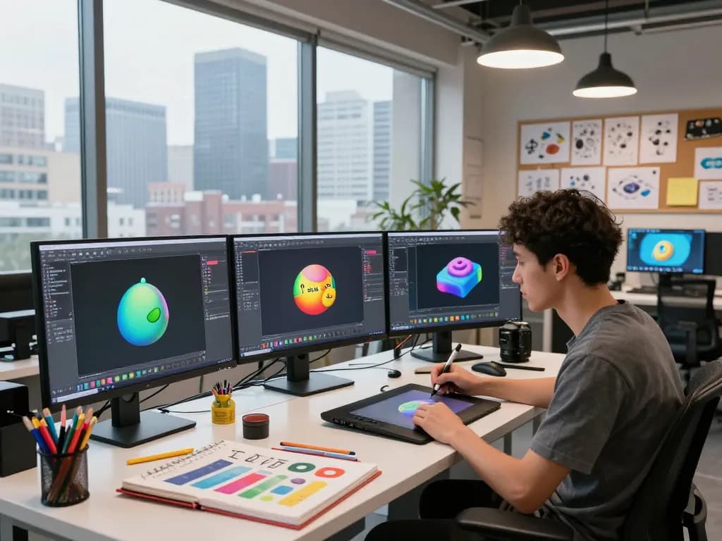 Artist working on 3D models generated from text in a vibrant creative studio.