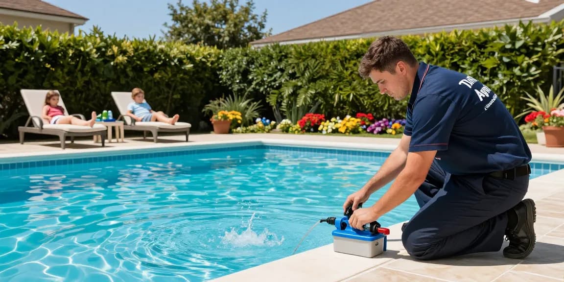 Dolphin Pool Services technician maintaining a sparkling pool while a family relaxes nearby in a sunny setting.