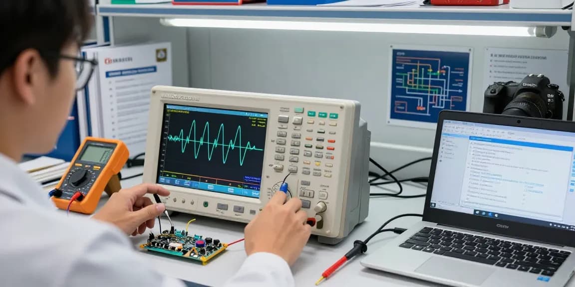 Technician using a Benchtop Oscilloscope for precise signal analysis in a modern electronics lab