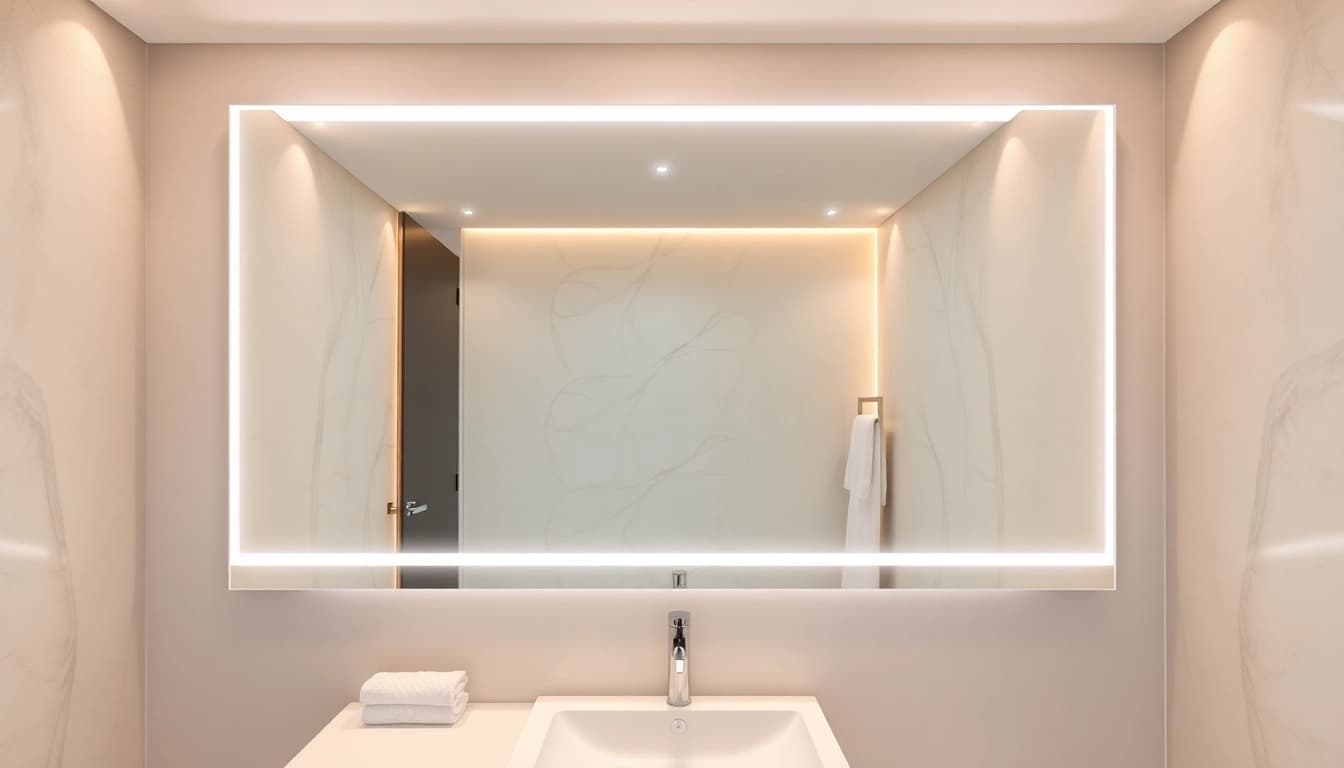 Reflecting a stunning elegant led mirror in a chic bathroom, showcasing its illuminated beauty.