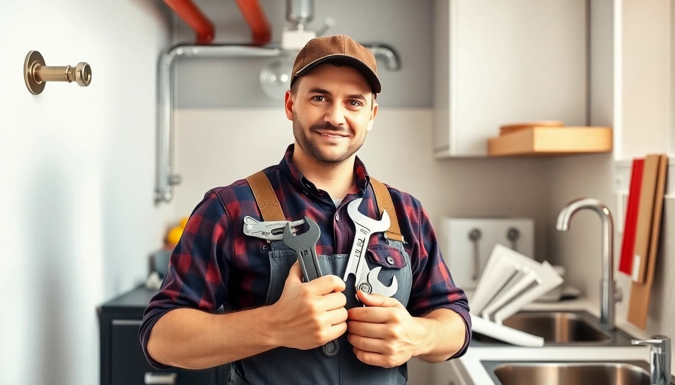 Find a reliable plumber near me performing repairs in a bright kitchen.