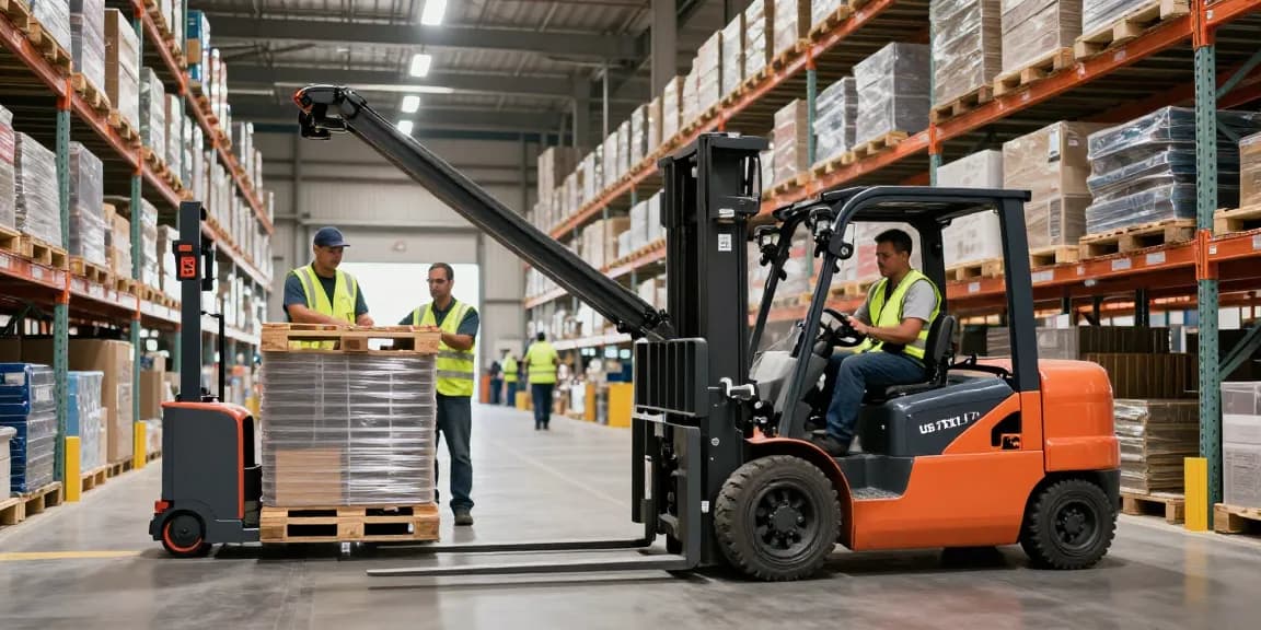 Best forklift in Texas efficiently loading pallets in a busy warehouse setting with electric machinery.