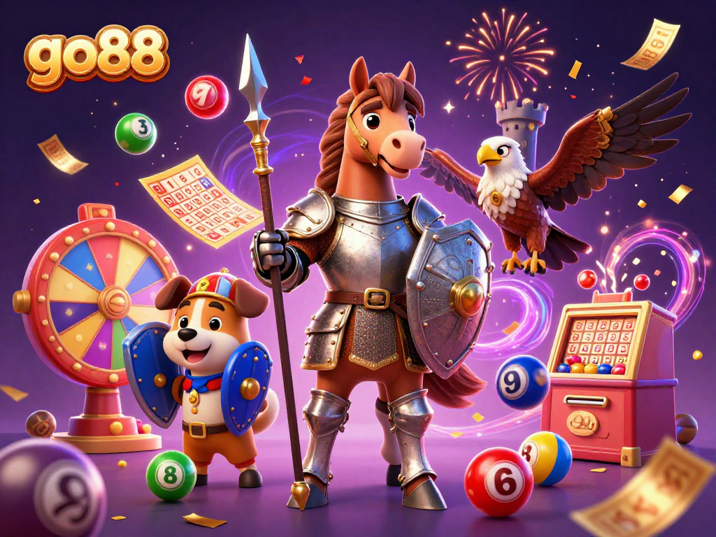 Join the excitement with go88 as a knight and puppy celebrate a winning lottery in a vibrant casino scene.