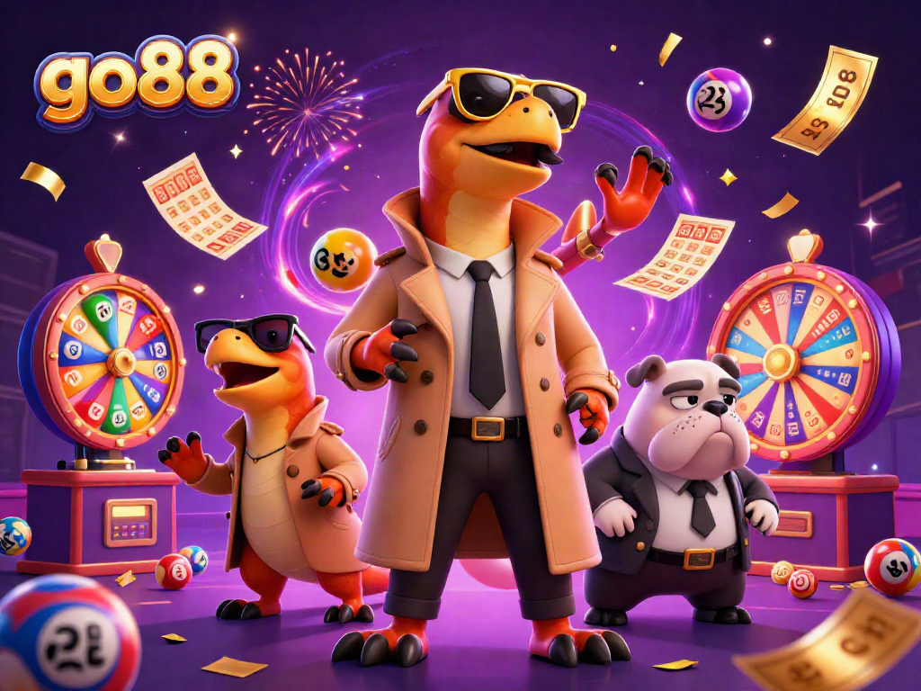 Experience the excitement of go88 with animated raptors in a trench coat in a vibrant casino scene.