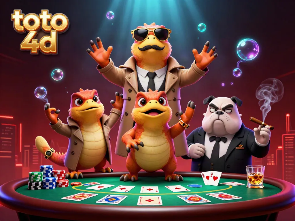 Engage with exciting toto 4d gameplay as three cartoon raptors in disguise join a lavish casino scene.