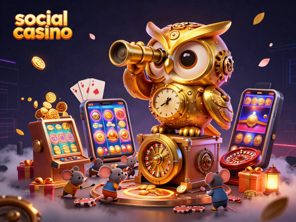 Experience thrilling gameplay in this vibrant social casino illustration featuring an owl and whimsical mice.