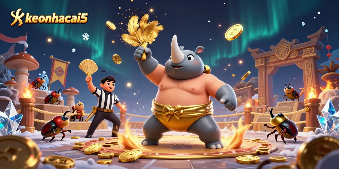 Betting on keonhacai5 as a rhinoceros beetle champion sends coins flying in a vivid 3D casino scene.