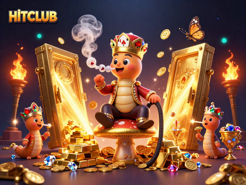 Experience HITCLUB with engaging poker hand symbols and vibrant casino treasures in a rich 3D illustration.
