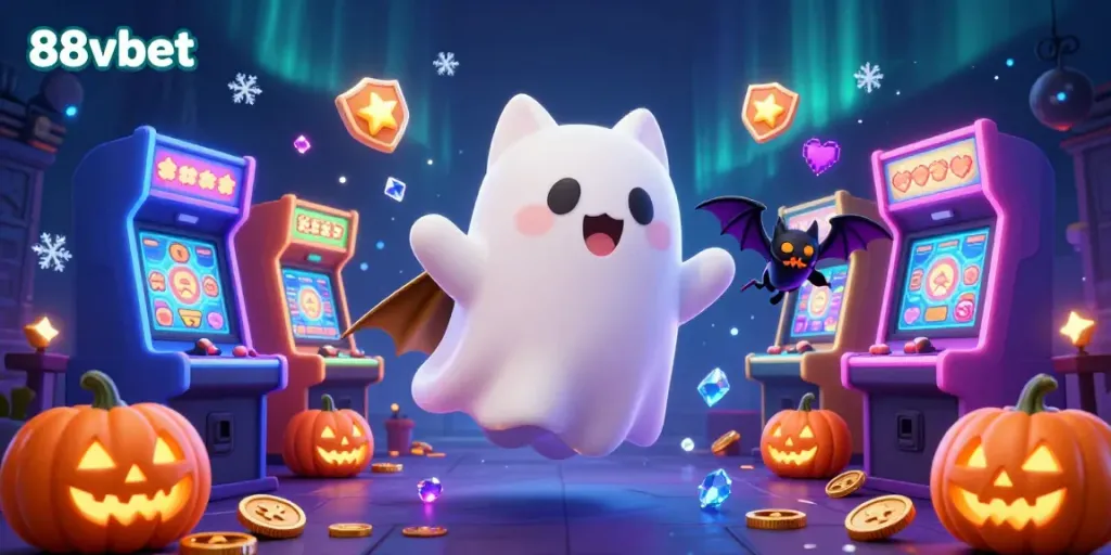 Engage with the immersive world of 88vbet through this colorful, haunted casino scene filled with gaming elements.
