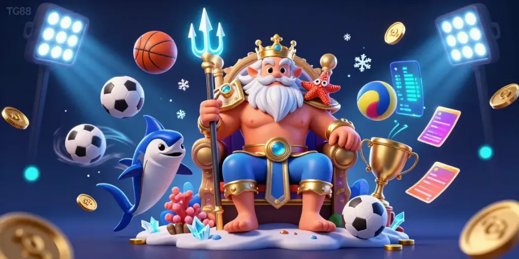 Engage with TG88 sports betting scenes featuring Neptune, a samurai, and lively sports elements.