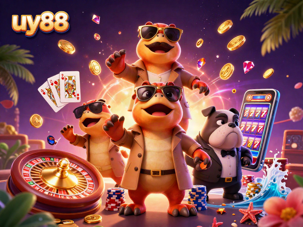 Experience excitement with uy88 as three raptors cleverly disguise themselves entering a VIP casino lounge.