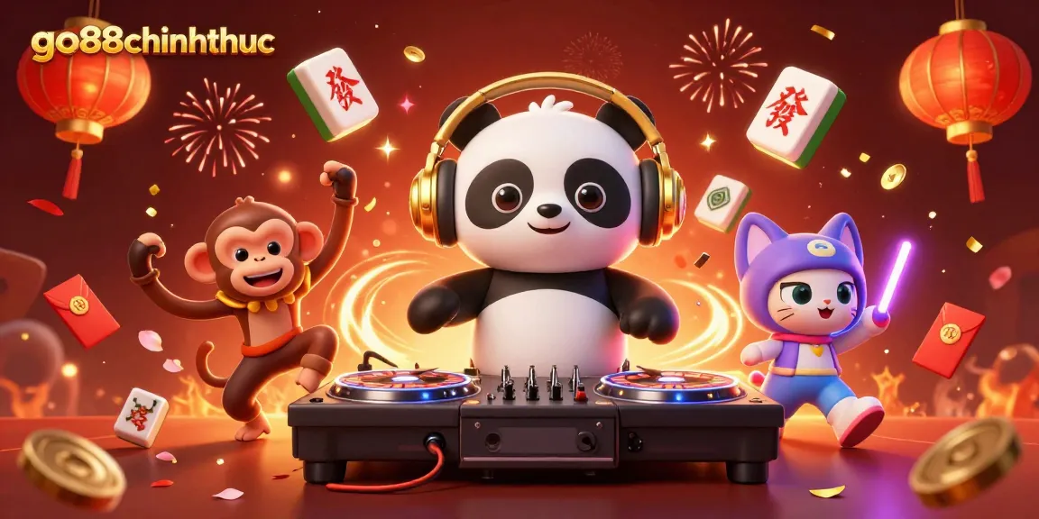 Engage with go88chinhthuc features as a DJ panda spins roulette wheels at a vibrant casino celebration.