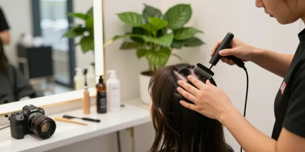 Scalp hair fill-ins applied professionally in a modern salon setting