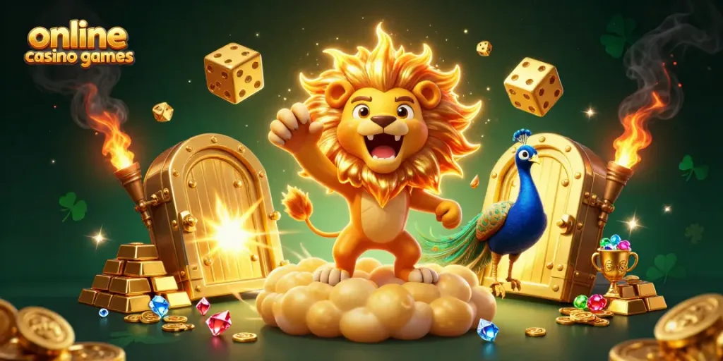 Experience thrilling online casino games with a roaring sun lion, golden dice, and dazzling treasures.