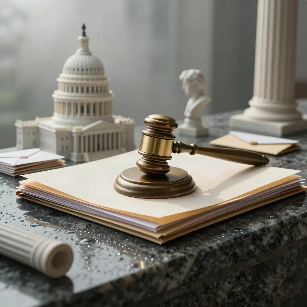 Brass gavel, Capitol maquette, courthouse fragment and campaign envelopes on wet stone at dawn