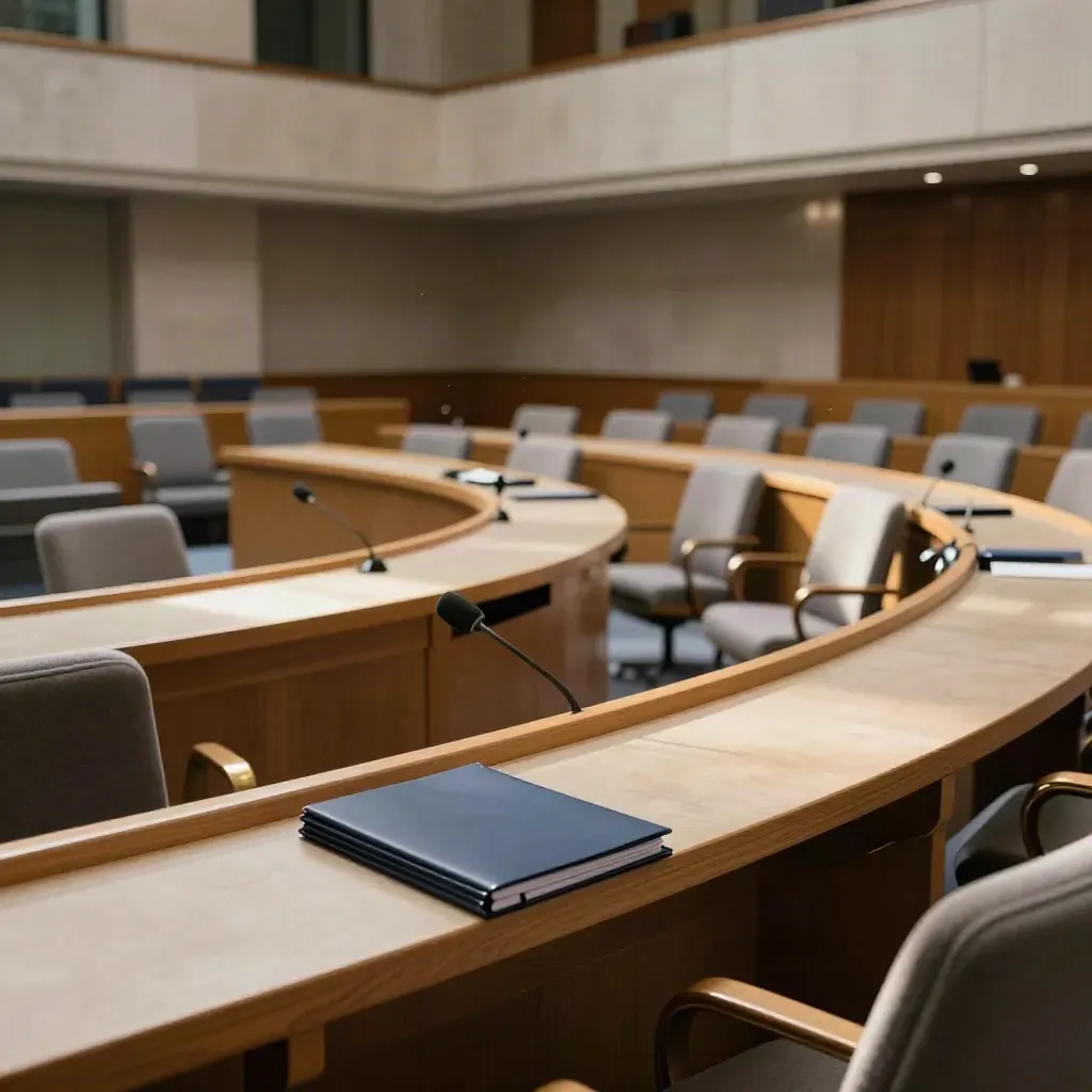 Empty committee hearing room with curved dais, microphones, navy folders and rows of chairs in warm light.