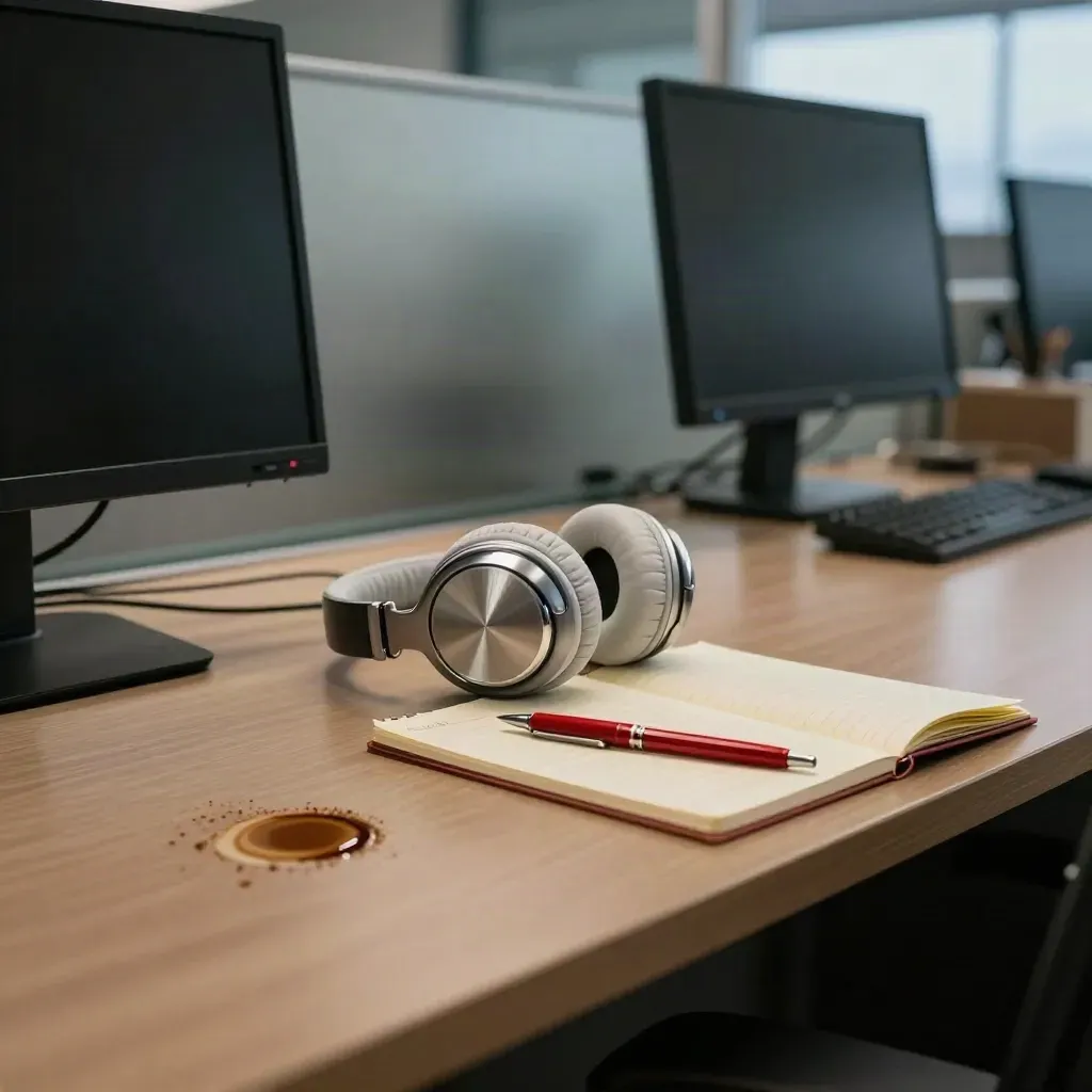 Pre-dawn newsroom desk with monitor, headphones, closed notepad, red pen and coffee ring.