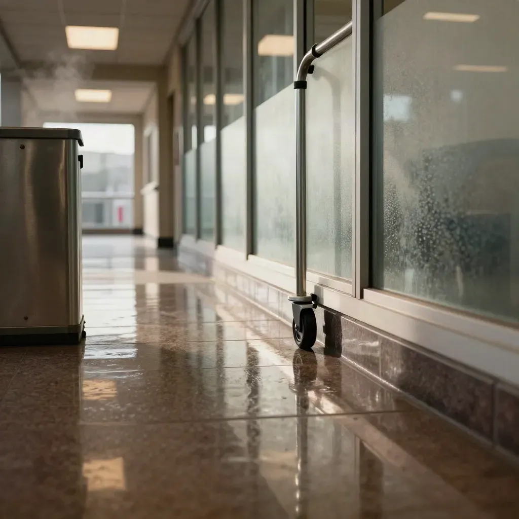 Courthouse corridor floor reflecting rainlight beside bins and a document cart