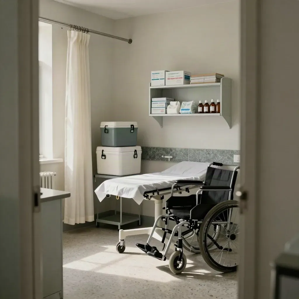 Rural clinic exam room with vaccine coolers, wheelchair, and a folded privacy curtain