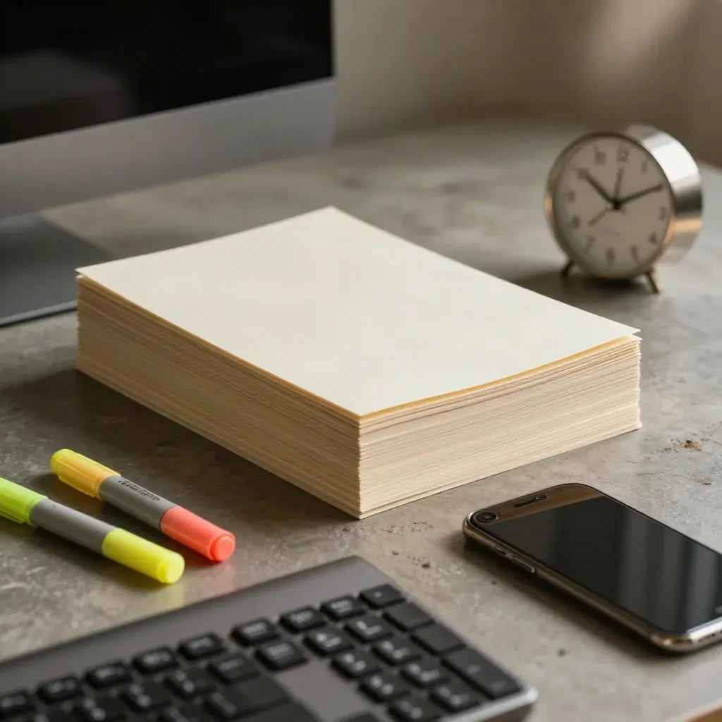 Fact-check desk with source stack, highlighters, phone, clock and keyboard in dramatic light