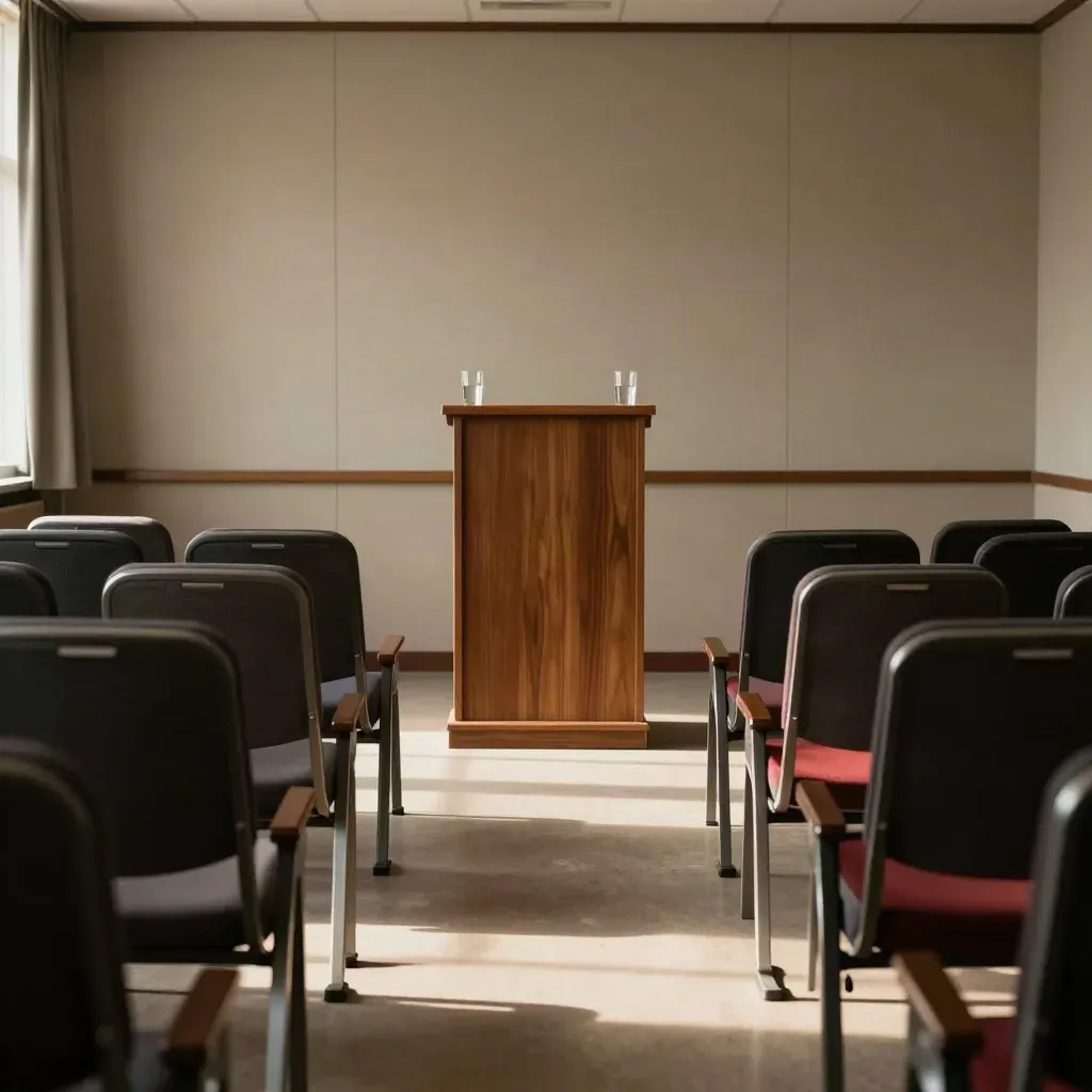 Empty briefing room with podium, water glasses, and waiting chairs in warm afternoon light.