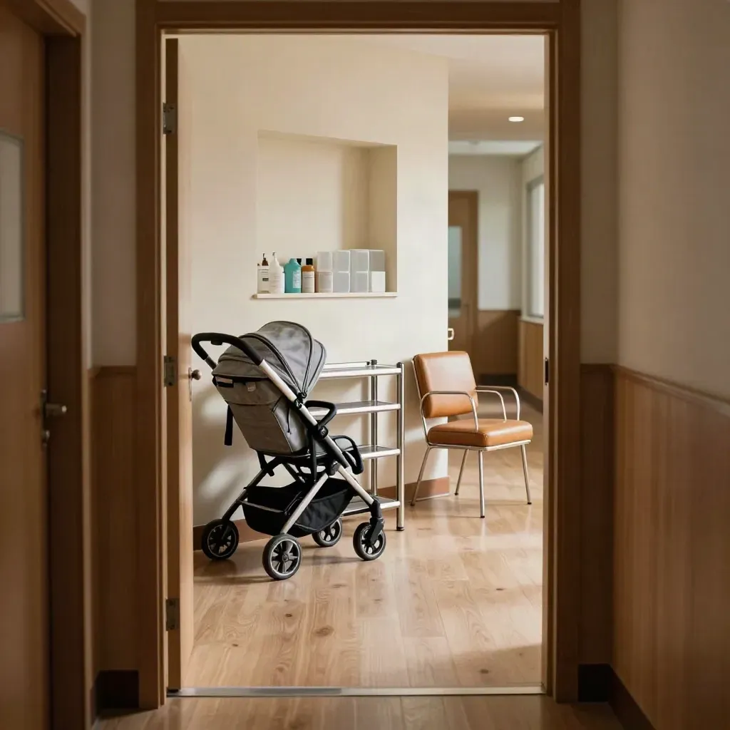 Empty clinic corridor with stroller parking, medicine bins, and waiting-room chairs in soft daylight
