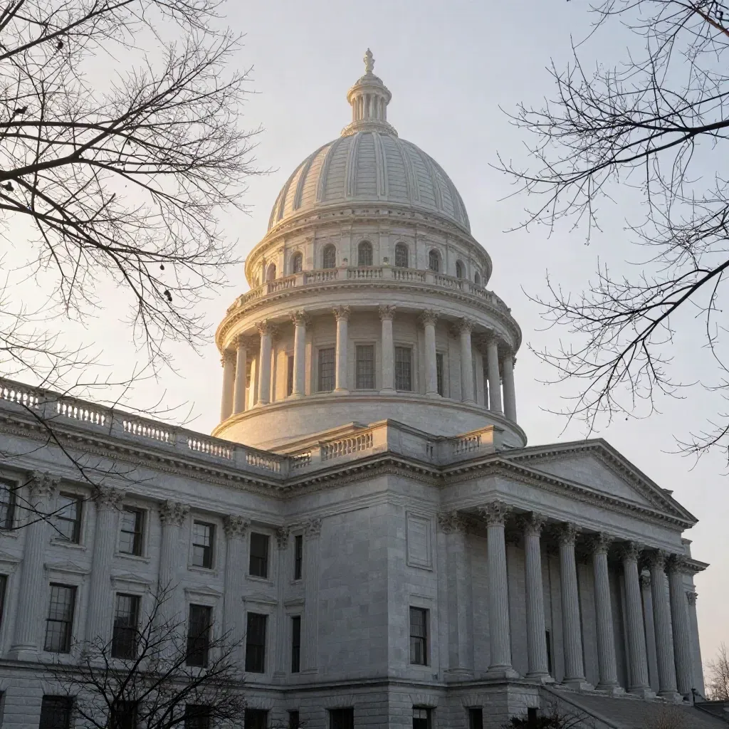 Winter state capitol dome and colonnade seen through bare branches in cold dawn haze