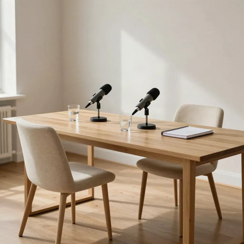 Empty interview table with two chairs, twin microphones, water glasses, and a closed notebook in warm daylight.