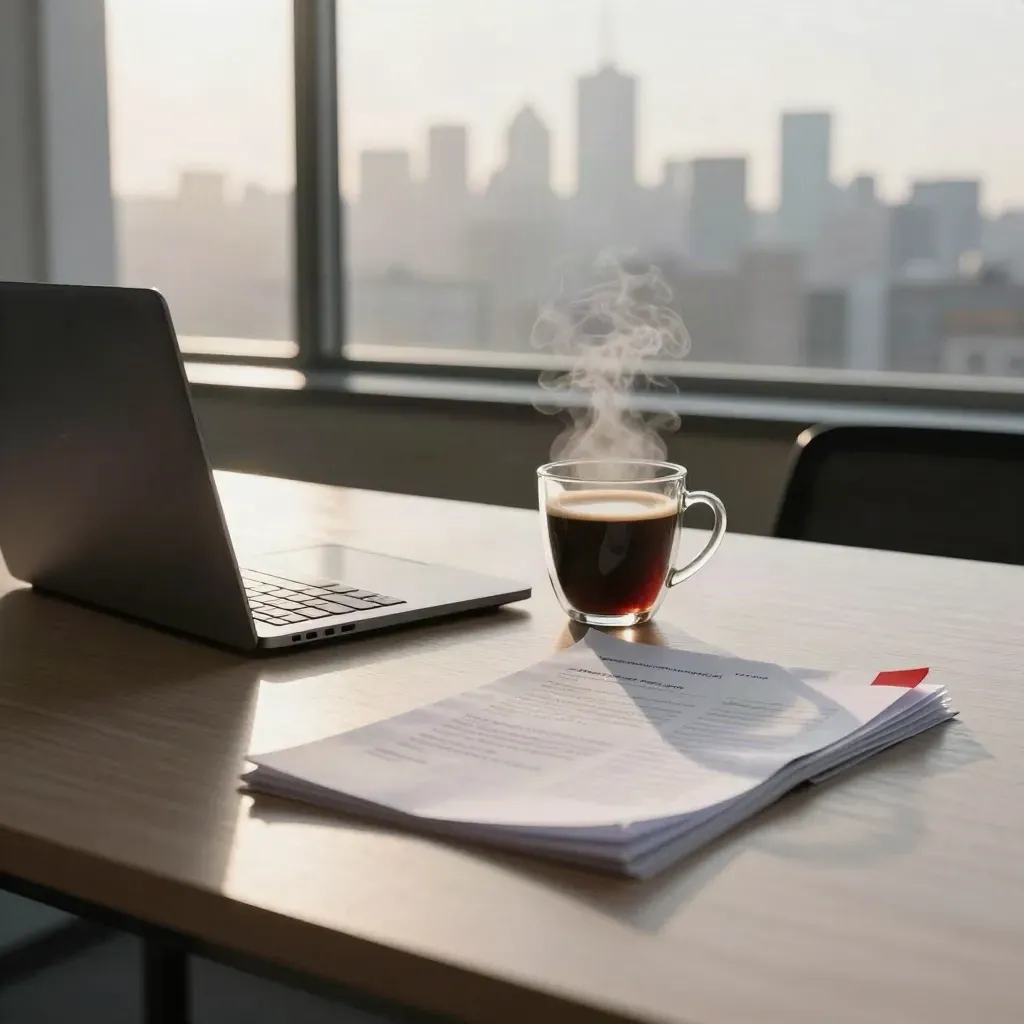 Newsroom table with coffee steam, laptop, briefing sheets, and sunrise skyline.