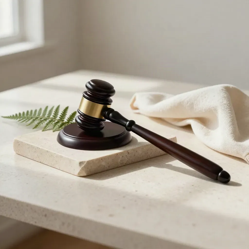 Black judge’s gavel on a stone tray with fern and ecru cloth, softly lit
