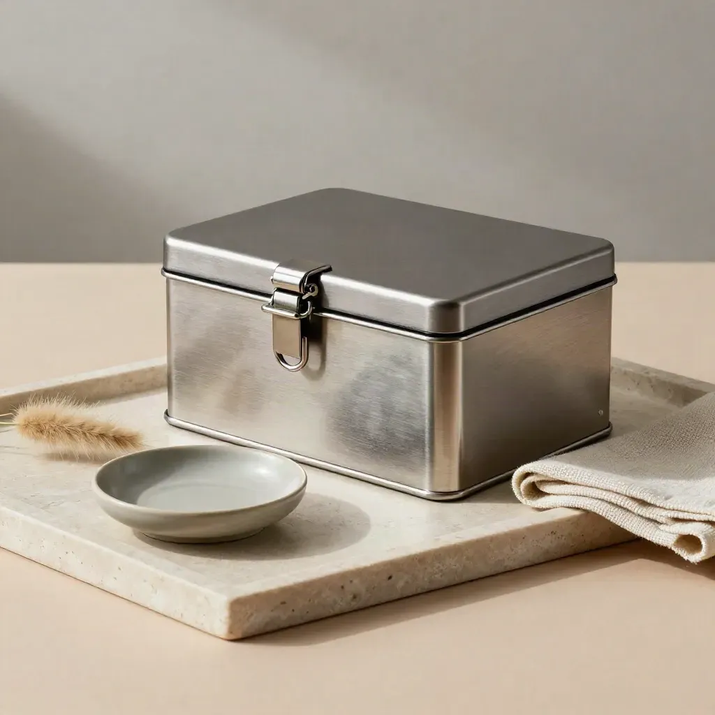 Ballot drop box latch and sealed lid on stone tray with cloth, dish and grass.