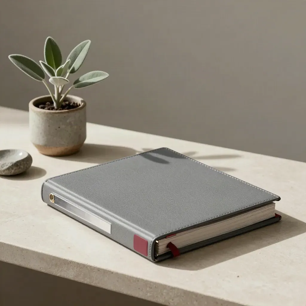 Matte gray policy binder, plant, stone paperweight and dish on a stone shelf in soft light.