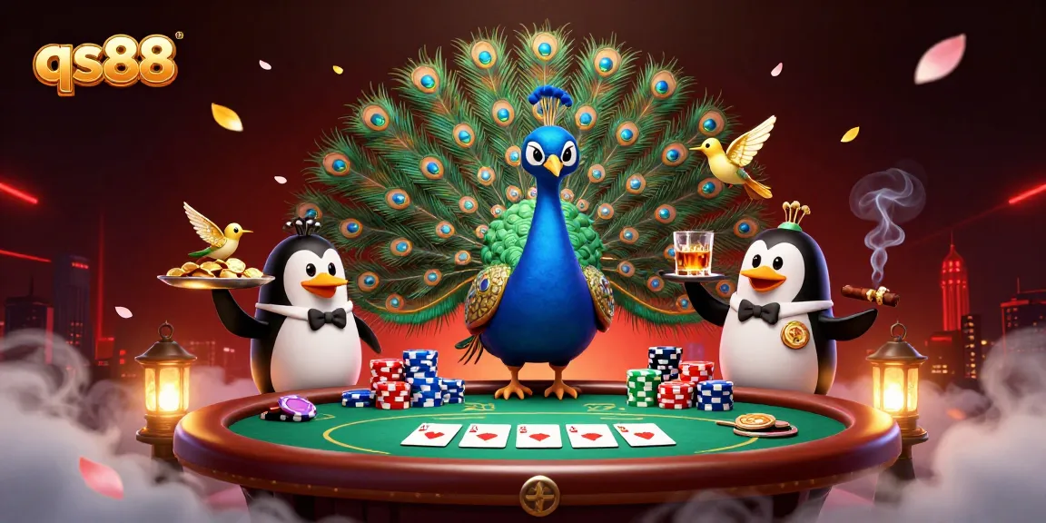 Experience qs88 gaming with vibrant 3D characters amidst poker excitement and luxury elements.