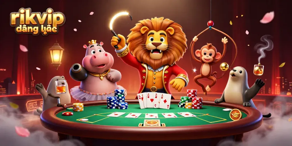 Engage in thrilling gaming at rikvip đăng nhập with a vibrant circus-themed casino scene.