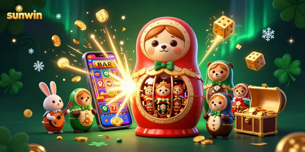 Spin jackpots at sunwin with colorful bears, slot machines, and a festive casino scene.