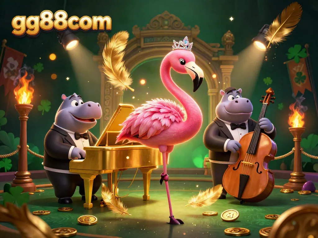 Engage with the dynamic scene at gg88com, where a lounge singer flamingo and bassist hippo perform in a vibrant casino atmosphere.