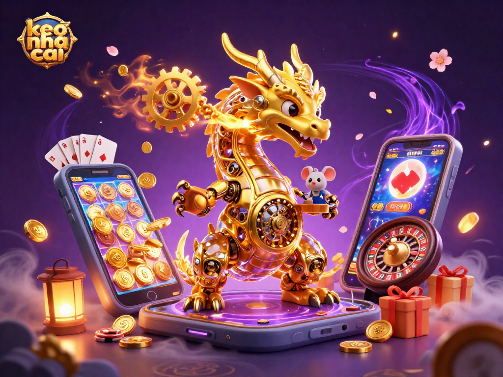 Engage with keo nha cai at a vibrant 3D casino scene featuring a golden dragon and dynamic game elements