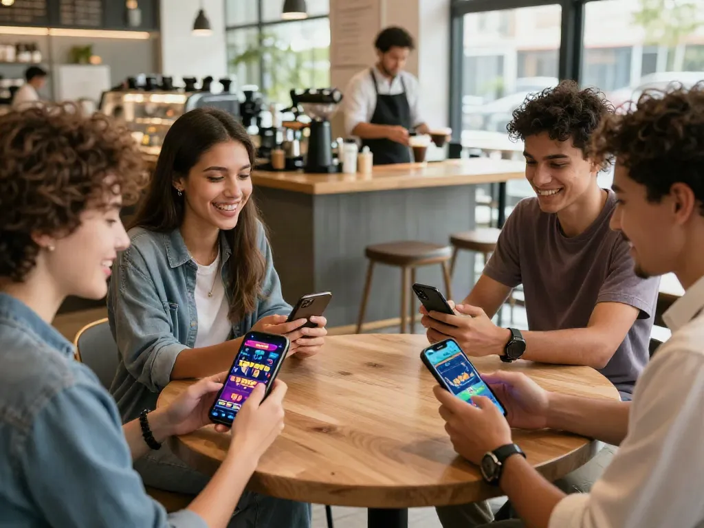 Group of friends enjoying m88 link mobile gaming at a café, showcasing vibrant app visuals and a lively atmosphere.