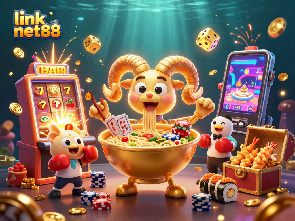 Experience thrilling wins with link net88 and colorful 3D casino action involving characters stacking chips and dealing cards.