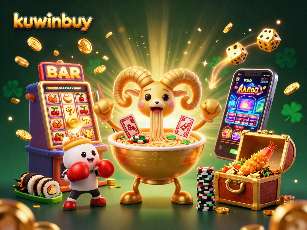 Engage with kuwinbuy's thrilling casino atmosphere featuring a vibrant 3D ramen bowl dealer and slot machine.