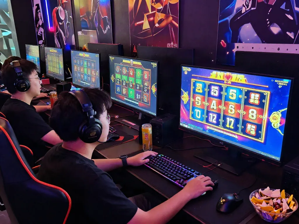 Engaging player on a gaming setup enjoying situs slot games with vibrant monitors and exciting atmosphere.